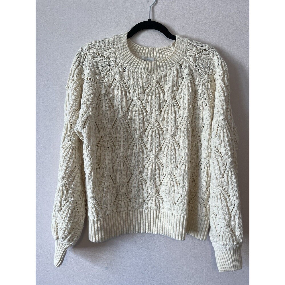 Jun & Ivy M Ivory Pointelle Cable Knit Cotton Blend Sweater Balloon Sleeve
